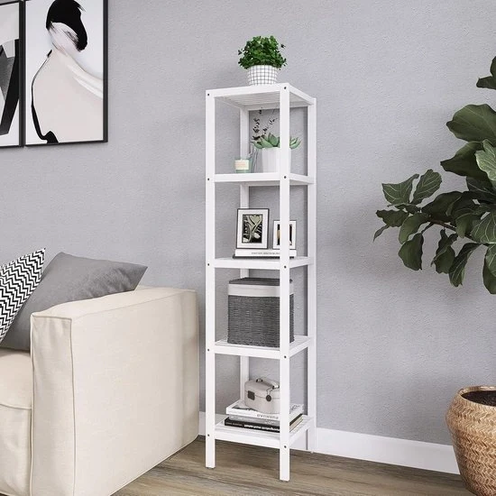 Pannelli di archiviazione per bagno a 5 livelli in bambù - Organizzatore multifunzionale - Adatto per soggiorno, camera da letto e cucina - Bianco