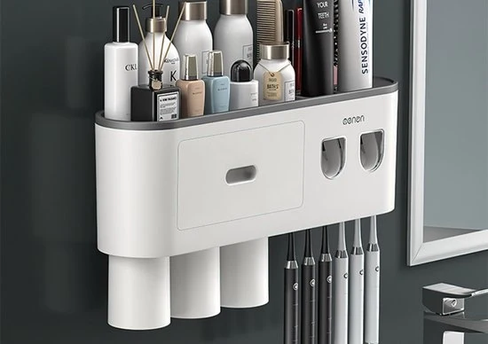 Sistema di conservazione per spazzolini da denti - Magnetico - Compartimento di conservazione - Scaffale da bagno - Sistema di conservazione per spazzolini da denti - Grigio 4 contenitori