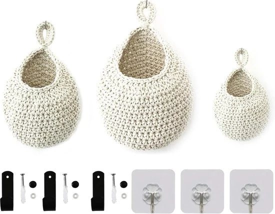 Set di 3 cesti in cotone a forma di lacrima per appendere alla parete, per verdure e frutta, per il cesto in cucina per l'aglio, verdure e frutta - bianco