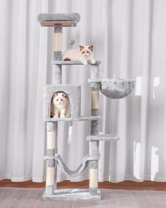 Palo per gatti - Stabile scala per gatti con lettino e cesta - 154 cm - Grigio chiaro