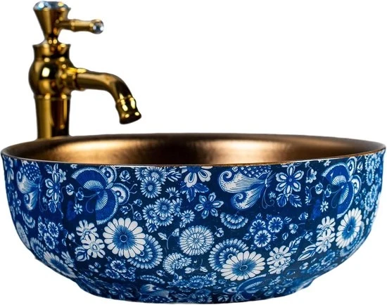 Credenza da bagno ceramica blu-bianco porcellana lavabo orientale bacinelle rotonde - piatti dorati per il lavaggio Lavandino
