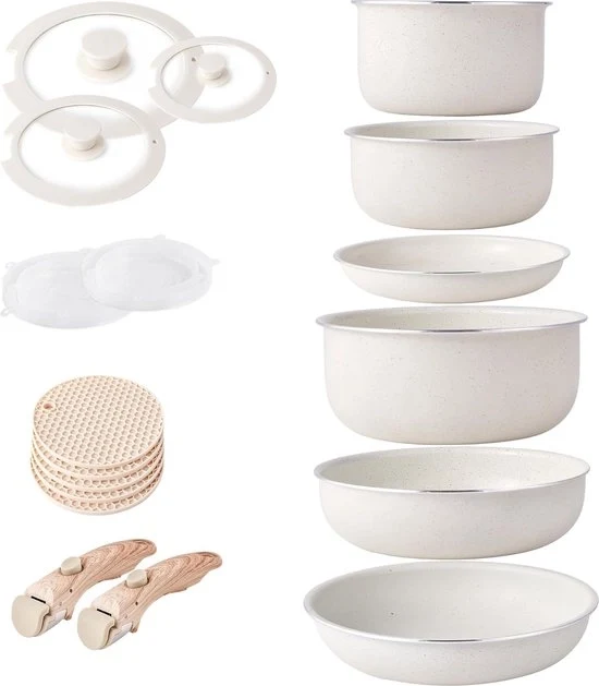 Set di pentole inductive con maniglie rimovibili e anticongelante, impianto di cottura in pietra, set di pentole stivabile con coperchi in silicone, set di cottura spaziale senza PFOA