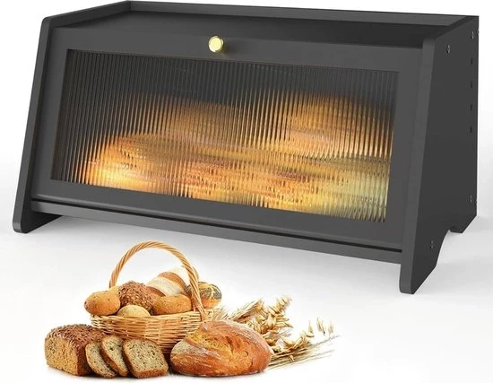 Tromba per pane in bambù nero con finestre e fessure di ventilazione - capacità di conservazione del pane elevata - 45 x 25 x 20 cm Tromba per pane