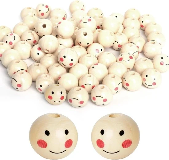 Kralen in legno con facce - 40 pezzi di legno naturale smiley-kralen 20 mm - attrezzi per fai da te, palline in legno con foro