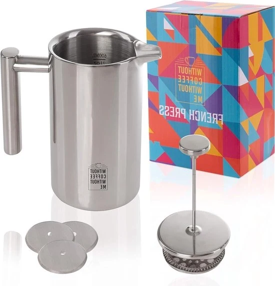 French Press in acciaio inossidabile 06 l - funzione di isolamento - scala di misura - filtro di riserva - 2 anni di garanzia - preparazione perfetta