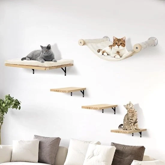 Set di parete per gatti con elementi di parete per gatti, corda per gatto, trappola per gatti, 5 pezzi di mobili in legno per parete per gatti