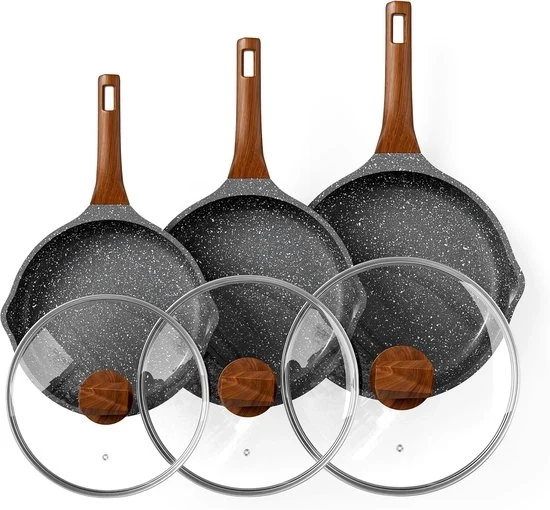 Set di supporti di induzione con coperture - Antiaderente - 3 pezzi - Pietra granito - 20/24/28 cm