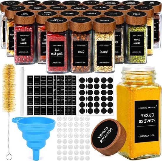 Set di 24 contenitori per erbe in vetro con tappo in legno - 120 ml - contenitori per erbe in vetro con etichette di filtro - ciotola in silicone - spazzola per pulizia contenitori per erbe