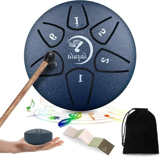 Tromba a Tamburo in Acciaio da 3 Pollici - Mini Strumento Percussivo - 6 Note - Libro di Musica - Martelletto per Tamburo - Borsa Portatile - Tamburo da Meditazione Yoga - Blu Marina