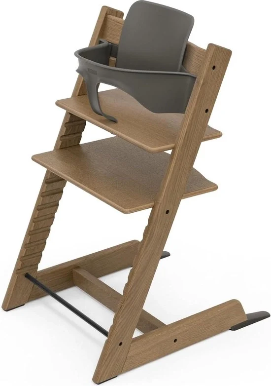 Sedia alta Tripod per bambini in legno di rovere marrone adattabile per bambini, adulti e seduta per bambini con regolazione di altezza