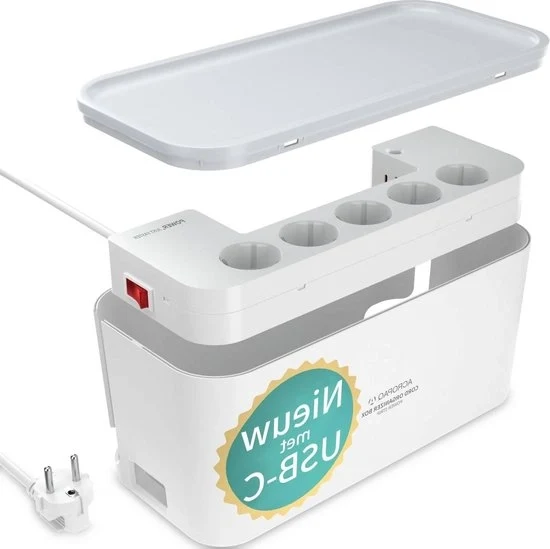 Scatola di alimentazione ACM006 con funzione di ricarica rapida USB-C, 2500W, interruttore, 30 x 14 x 14 cm, 2m cavo, organizzatore di cavi, 5 prese, 3 cariche USB, bianca.