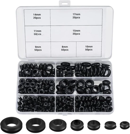 Set di guaine in gomma per passaggi - Set di passaggio cavi - 260 pezzi - Nero