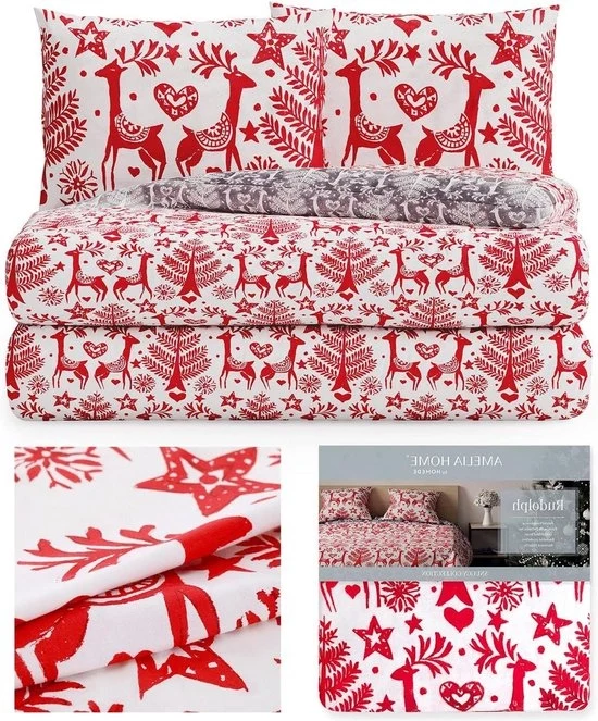 Set di lenzuola a tre pezzi in flanella 160 x 200 cm - coperta di cotone con cerniera a zip - coperta a tema renna bianco rosso grigio 160x200