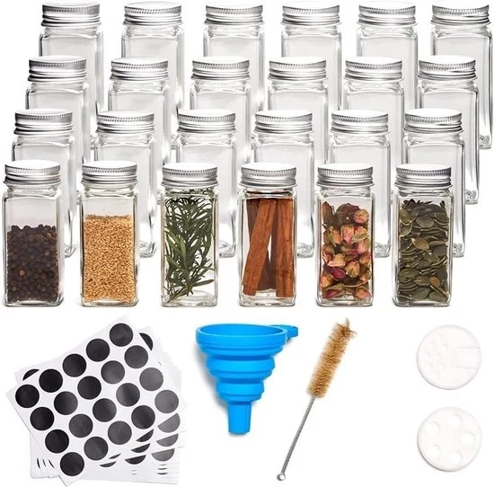 Set di contenitori per erbe a chiusura ermetica 24 pezzi 120 ml - Kit di organizzazione per erbe da cucina con maniglia in alluminio, cucchiaio, spazzola per pulizia e etichette per contenitori per erbe a forma quadrata