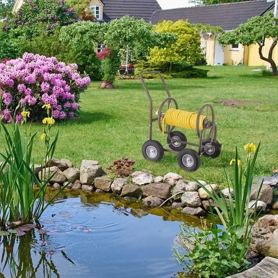 Slangaio per giardino con gommato - fino a 60 m - 4 ruote in gomma - chiusura rapida - supporto metallico per tubo - colore marrone