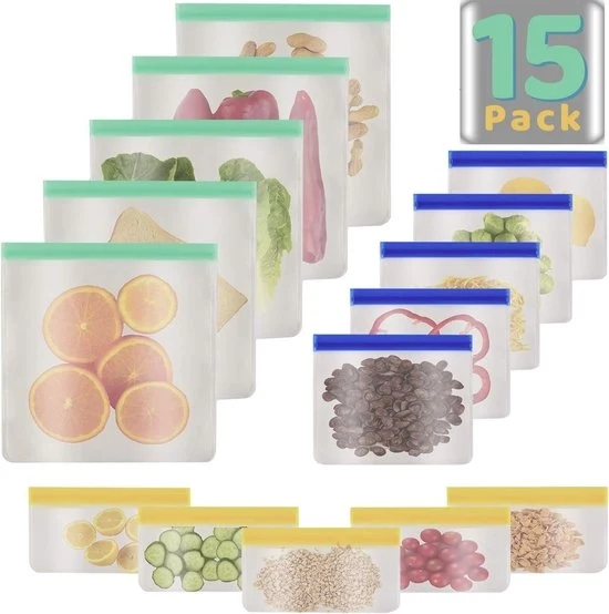 Sacchetti in silicone Sacchetti riciclabili con chiusura zip per alimenti e congelati con chiusura a compressione per lancio per verdure, frutta, carne e dolci (5x 750 ml; 5x 1000 ml; 5x 1800 ml)