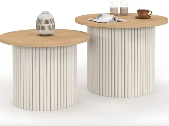 Set di 2 tavoli salotto rotondi 40/45 con effetto ribassato beige e lavello in legno - Design Moderno - Houtlook - Mobili per Salotto - Costruzione Sostenibile - Finitura Lussuosa - Interiore Eterno - Adatto al Utilizzo Giornaliero