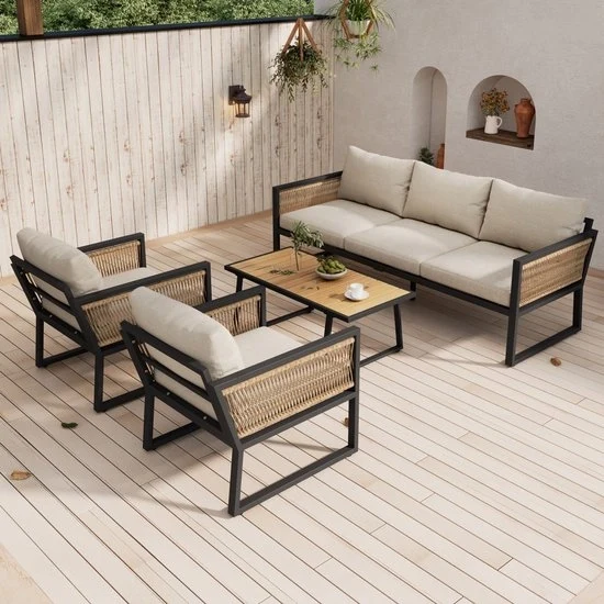 Set di mobili da giardino - Plastica - 4 pezzi - Intrecciato - Cassetto in alluminio