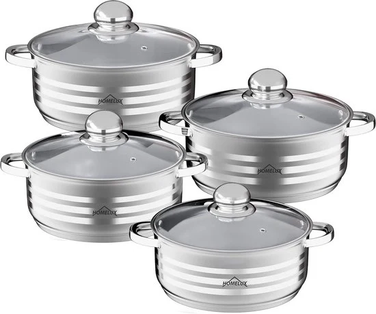 Set di pentole in acciaio inossidabile 8 pezzi con coperchio in vetro - idoneo per lavastoviglie - per tutti i tipi di fonti di calore