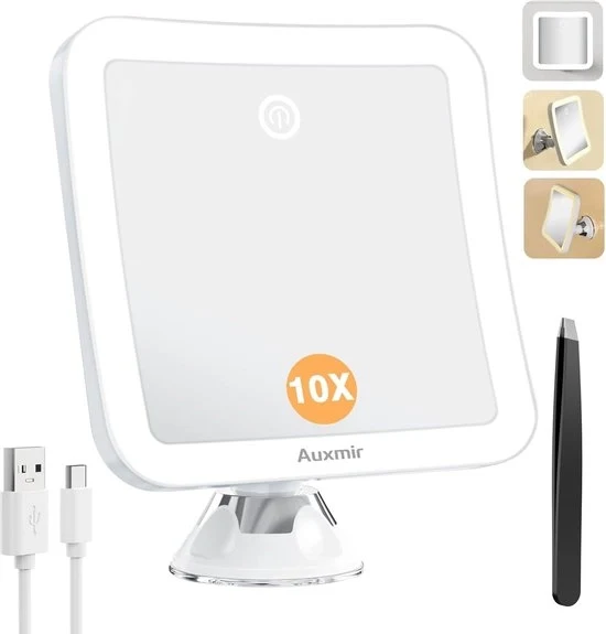 Specchio di trucco illuminato - ingrandimento 10x - caricabile - specchio quadrato