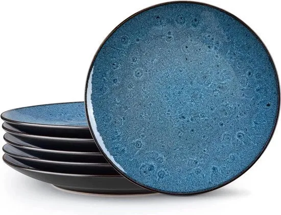 Set di Piatti Ceramici a Mano di 25 cm - Blu - 6 Piatti - Grande Piatto da Servire - Magnetron e Vaivai Resistenti