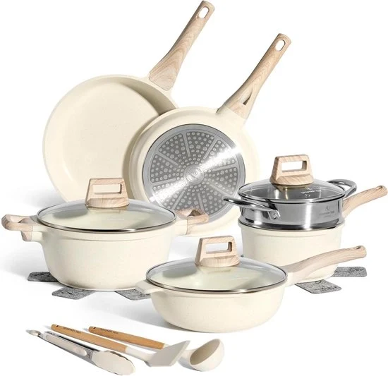 Set di pentole in induzione - Con coperchio per tutte le fonti di calore - Antiaderente - Coperchio in vetro - Antiaderente - Set di pentole da cucina - Senza PFAS - Bicchiere - 14pz - Set di pentola a vapore da cucina in induzione