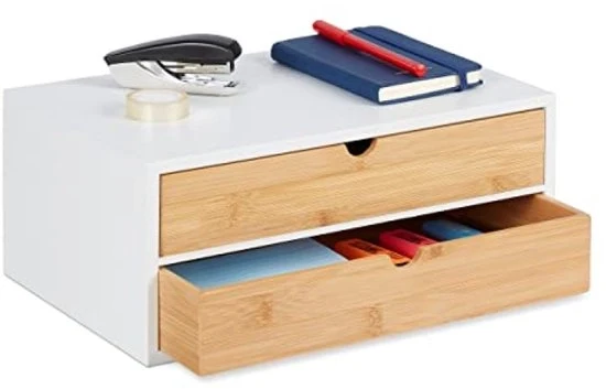 Organizzatore di scrivania in bambù e MDF con 2 ante - 14 x 33 x 21 cm - Cassettiera mini bianca/natura Blocco ante