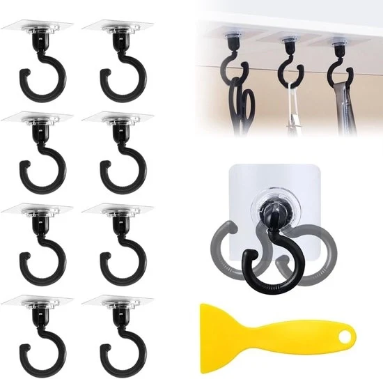 Haken plafondo 8 pezzi - extra resistenti - 360 gradi rotativi - attacchi al muro con raschietto - ganci in plastica impermeabile - grandi ganci adesivi plafondo