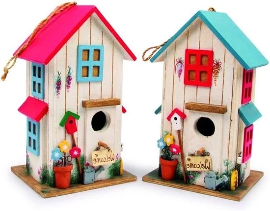 Casa degli Uccelli Villa Kunterbunt - accessorio decorativo per giardino - 2 pezzi - legno - resistente alle intemperie