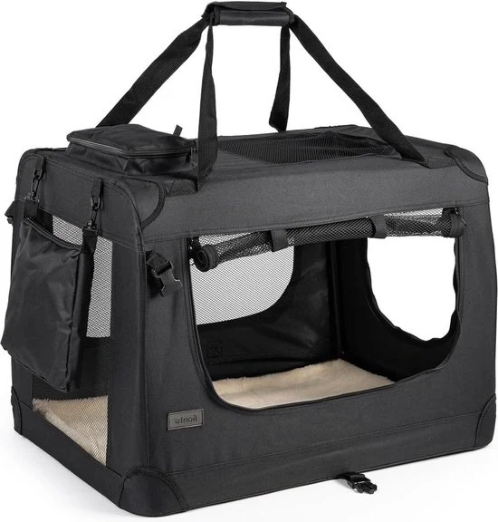 Cassa per trasporto cani pieghevole per viaggi in auto - 70x52x50 cm - Cassa robusta per cani - Maniglie con copertura - 15 kg - Materiale duraturo - Cassa per cani piccola grande nera
