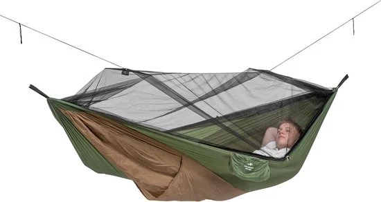 Hangmat Ultra-Light Thermo per Avventura con Mosquito Net e Isolamento - Dimensioni 275 x 140 cm, Peso Massimo 150 kg, Peso 470 g, Colore Verde-Bruno