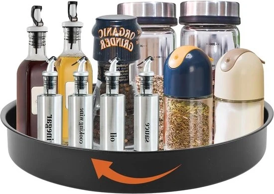 Organizzatore per piatti da cucina - Nero, rotante, 360 gradi - Metallo, 30 cm - Organizzatore per spezie - Comparto di stoccaggio per cucina/ sala da pranzo/lavoro/soggiorno. Comparto di stoccaggio