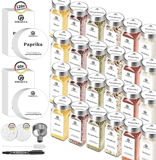Set di contenitori a erba quadrati da 24 - 120 ml con etichette tedesche - strumento per la dispersione e coperchio in acciaio inossidabile - inclusa ciotola - Set di contenitori per erba quadrati