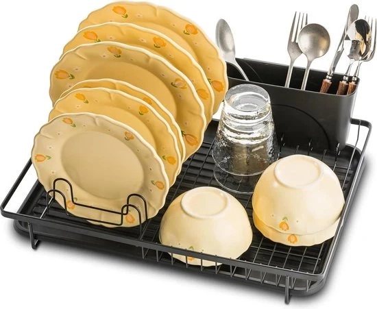 Afdruiprek per colonna per cucina - in acciaio inossidabile - con contenitore per residui e supporto per utensili, ripiegabile in nero