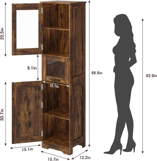 Cassettiere Bagno - Porta in Vetro - Scomparti Regolabili - Libera Stante - 170cm