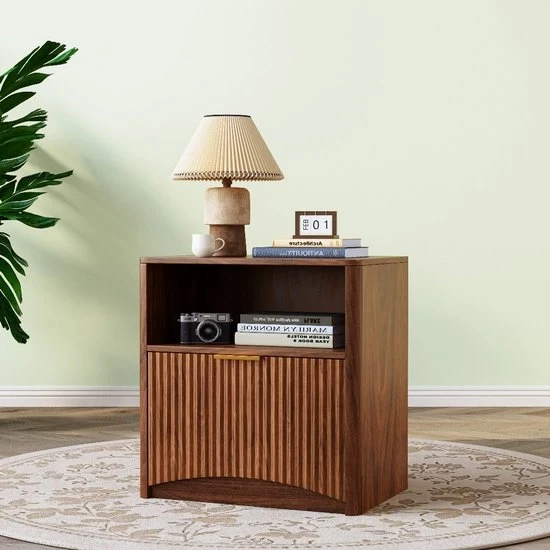 Comodino da Notte a Specchio - Finestrato - Cassetto Apribile - Maniglie in Oro - Finestra in Noce