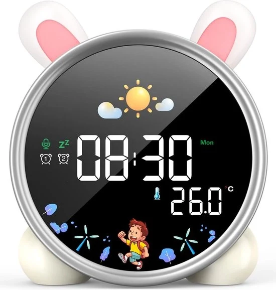 Alarme da Destaglio per Bambini - Lampada da Notte - Trainer del Sonno - Con Funzione Snooze - 3 Livelli di Brillanza - Analogico