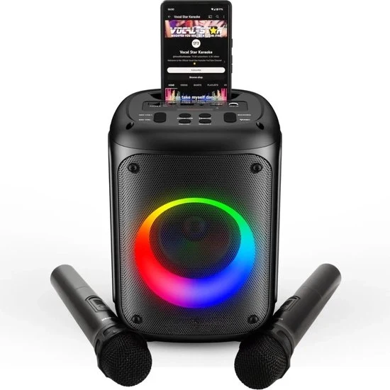 Impianto di karaoke - Altoparlante 60W - Ricaricabile - Bluetooth - Connessione TV - Funzione registrazione - 10 ore di durata batteria - Incluso 2 microfoni