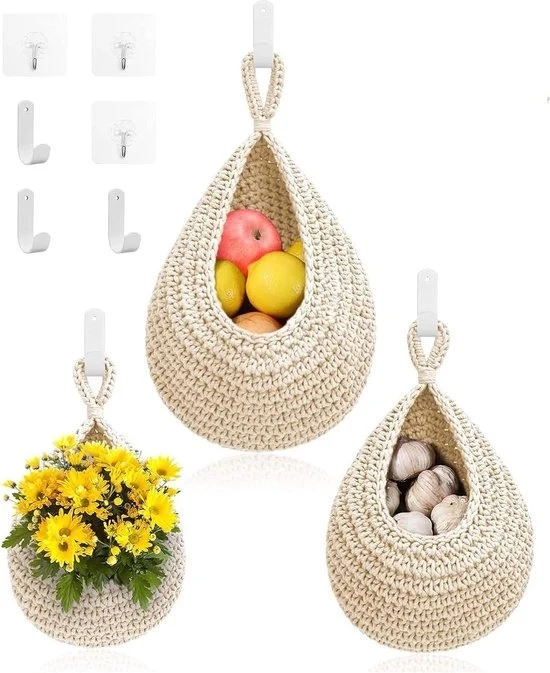 Fruitari appesi - boho stendardi per cucina con ganci - 3 pezzi, tenda per la conservazione di frutta, verdura e patate con forma lacrimale