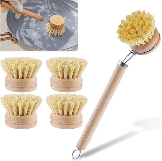 Afwasborstello in legno ricaricabile con 4 testine di riserva - Spazzola per piatti sostenibile con setole di sisal