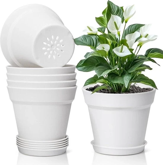 Set di vasi in plastica per fiori - Con sottopanno - 6 pezzi - Bianco - 19 cm