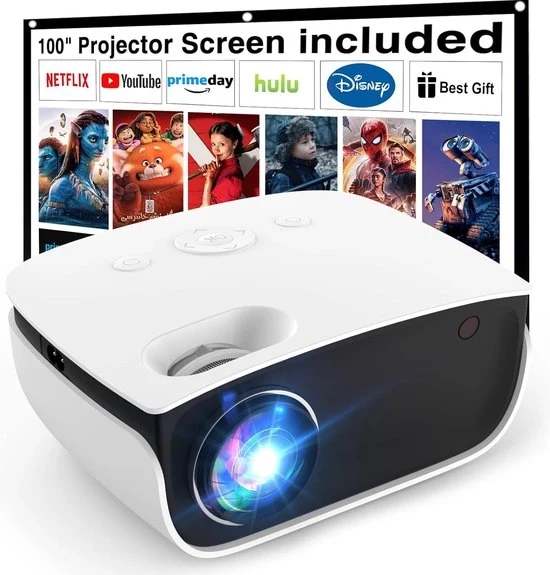 Proiettore Mini - Ingresso fino a 1080P Full HD - Compreso schermo 100 pollici - Proiettore - Proiettore Mini - HDMI - USB - Bianco - Smartphone - Portatile - Altoparlante integrato