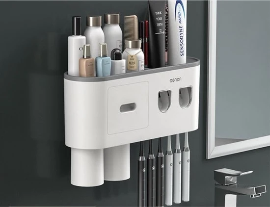 Sistema di conservazione di spazzolini da denti - Magnetico - Comparto di conservazione - Pannello da bagno - Sistema di conservazione di spazzolini da denti - Grigio 2 tazze