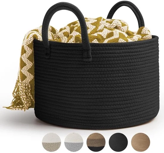 Cesto Grande di Lenzuola in Cotone - 32L - Cestino di Deposito - Nero - D40 x H25 CM