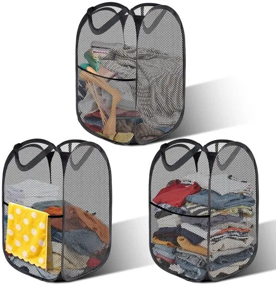 3x Wascio op-pieghevole 36x36x58 cm – Wascio a pop-up nero – Sacca da bucato portatile di tessuto a rete per bagno e campeggio