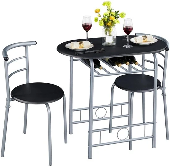 Set da pranzo in stile rurale, insieme da tavola per due persone con 1 tavolo da pranzo e 2 sedie, tavolo da cucina con cassetto di ripostiglio, insieme da tavola, arredamento da pranzo, nero