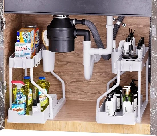 Set di 2 organizzatori per sotto il lavello, 2 livelli organizzatore L a scomparsa per sotto il lavello e archiviazione, organizzatore di archiviazione sotto il piano di lavoro per cucina, bagno - bianco
