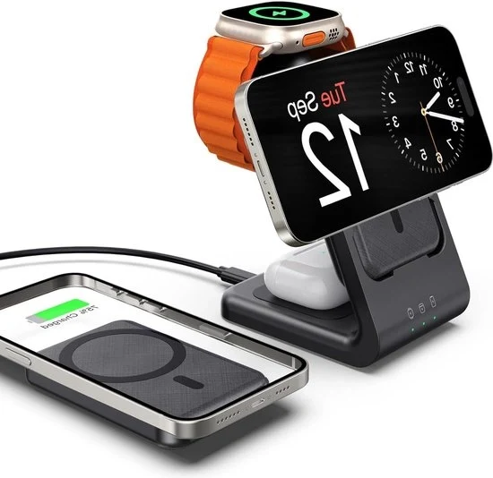 Caricatore Portatile 5000mAh Power Bank Stazione di Ricarica Senza Fili per iPhone iWatch AirPods Ultra Pro