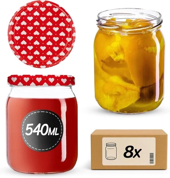 Set di 8 Pentole di Presa 580 ml – Pentole di Vetro con Fusto Ø82 mm – Ermetiche per Miele, Verdure e Frutta – Stile Rustico