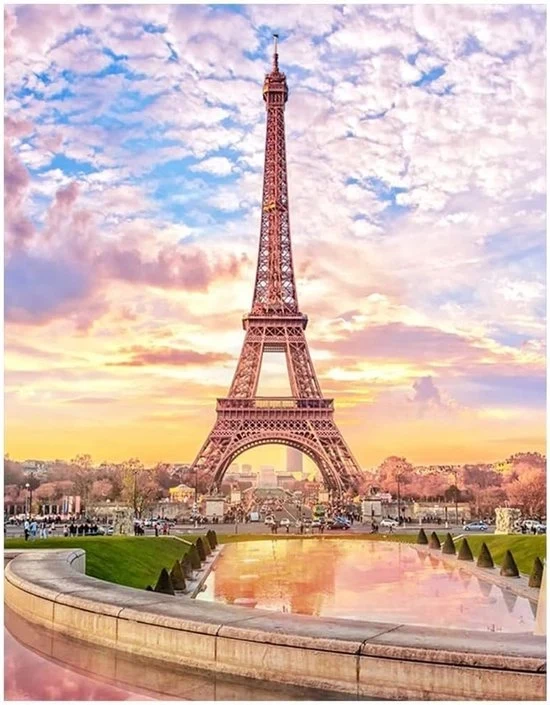 Kit di pittura a diamanti 5D per hobby, paesaggio di città, Eiffel Tower a Parigi, tramonto, tela da numeri, foto per pittura a diamanti